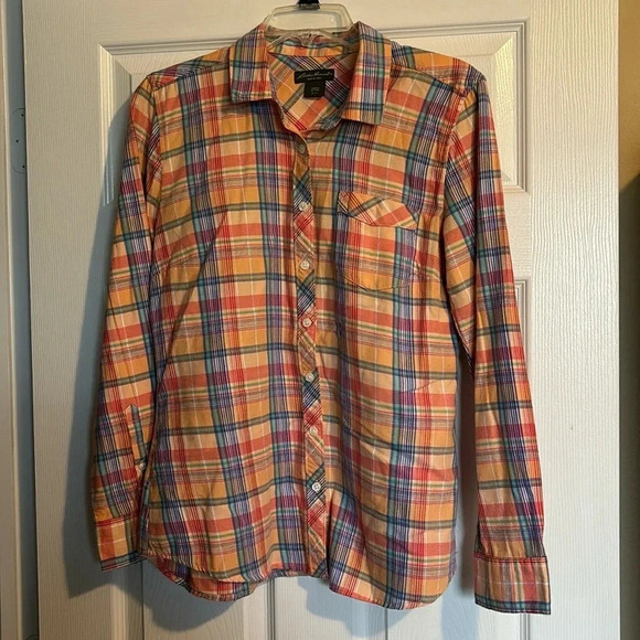 Eddie Bauer women’s orange plaid button down shirt size medium - Picture 1 of 8